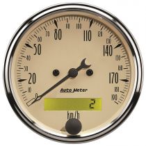 Autometer Gauge, Speedometer, 3 1/8", 190Km/H, Elec. Prog. W/ Lcd Odo, Antique Beige