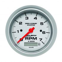 Autometer Gauge, Tachometer, 3 3/8", 7K Rpm, W/ Hourmeter, Marine Silver